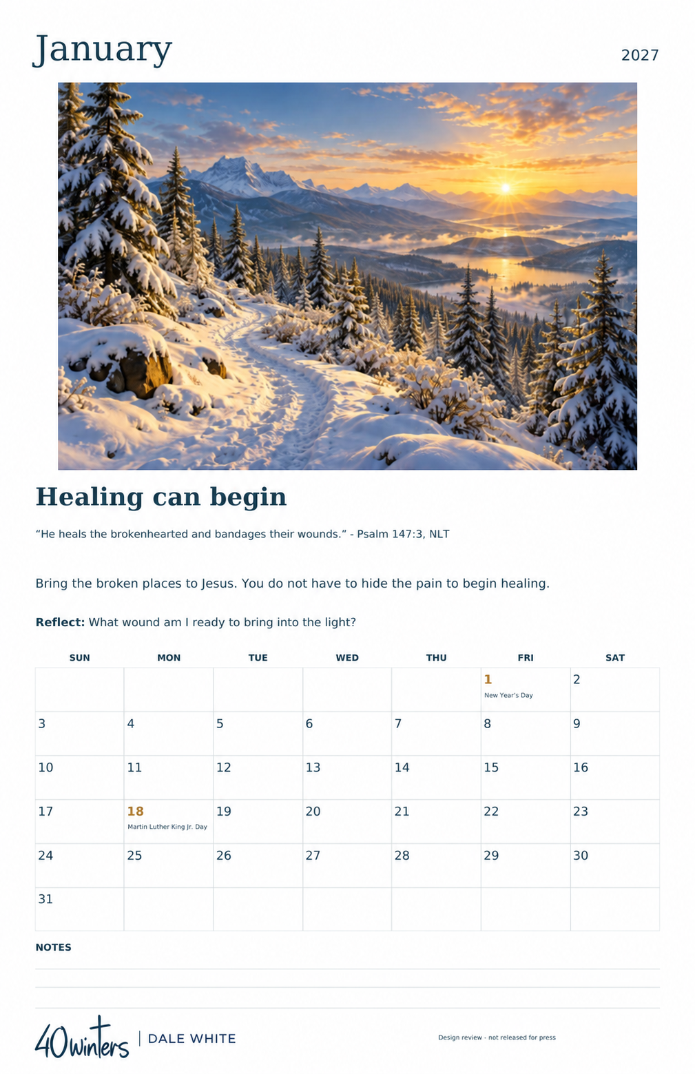 Preview of the 2027 40 Winters wall calendar, with Scripture, marked holidays and Notes